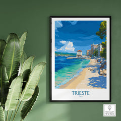 Trieste Italy Beach Poster - Mediterranean Travel Print featuring a scenic view of Trieste's coastline and charming beach.