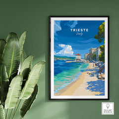Trieste Italy Beach Print - Italian Riviera Wall Art featuring a vibrant coastal scene and serene atmosphere.