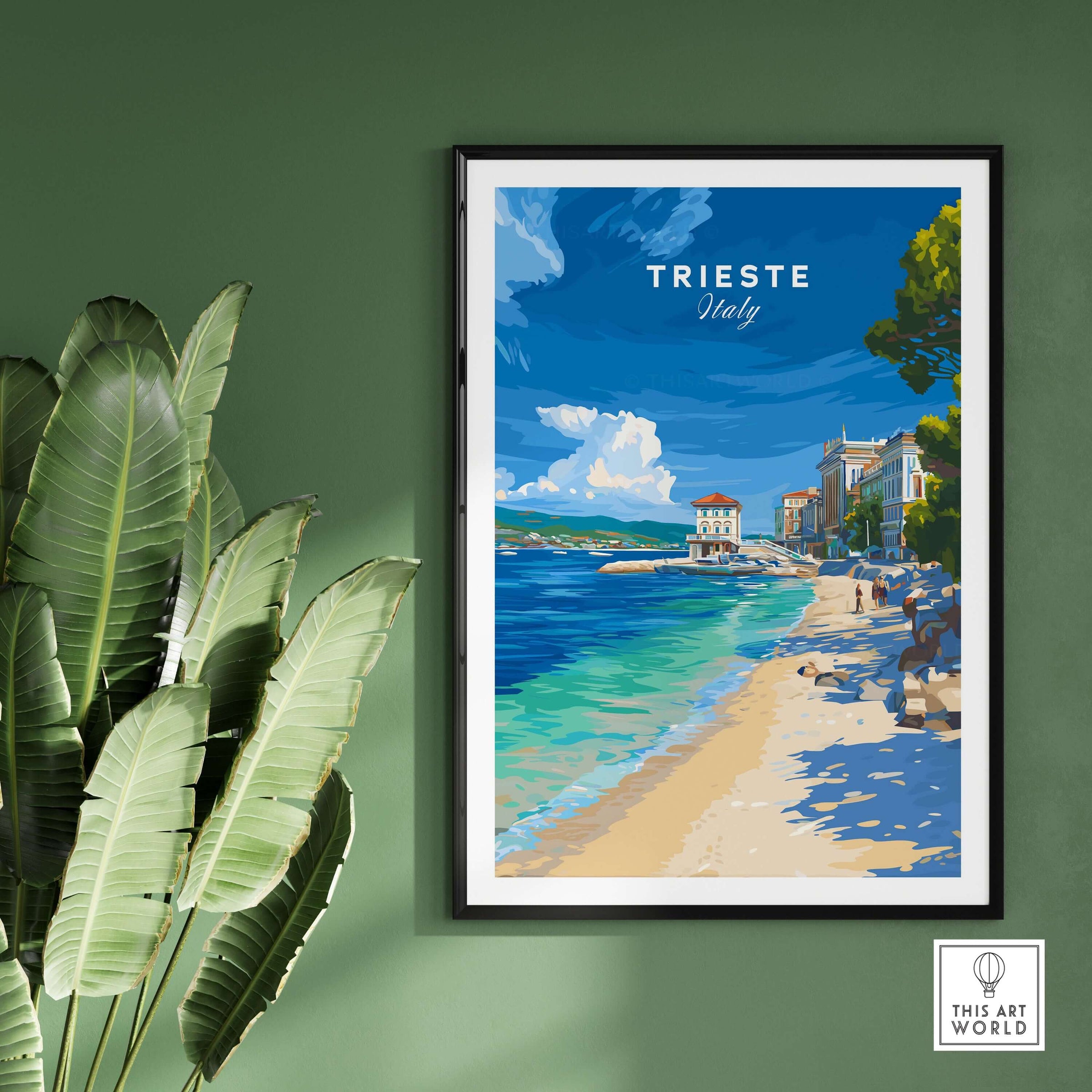 Trieste Italy Beach Print - Italian Riviera Wall Art featuring a vibrant coastal scene and serene atmosphere.