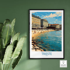 Trieste Italy Wall Art - Italian Travel Poster featuring coastal scenery and historic buildings in a chic space.