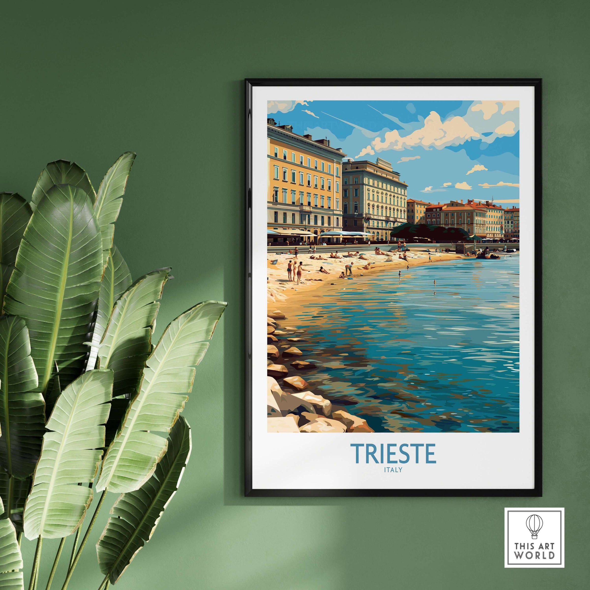 Trieste Italy Wall Art - Italian Travel Poster featuring coastal scenery and historic buildings in a chic space.