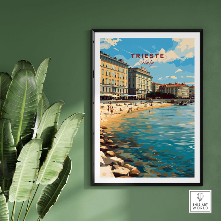 Trieste Italy travel poster showcasing scenic beach views and iconic architecture, perfect for home decor.