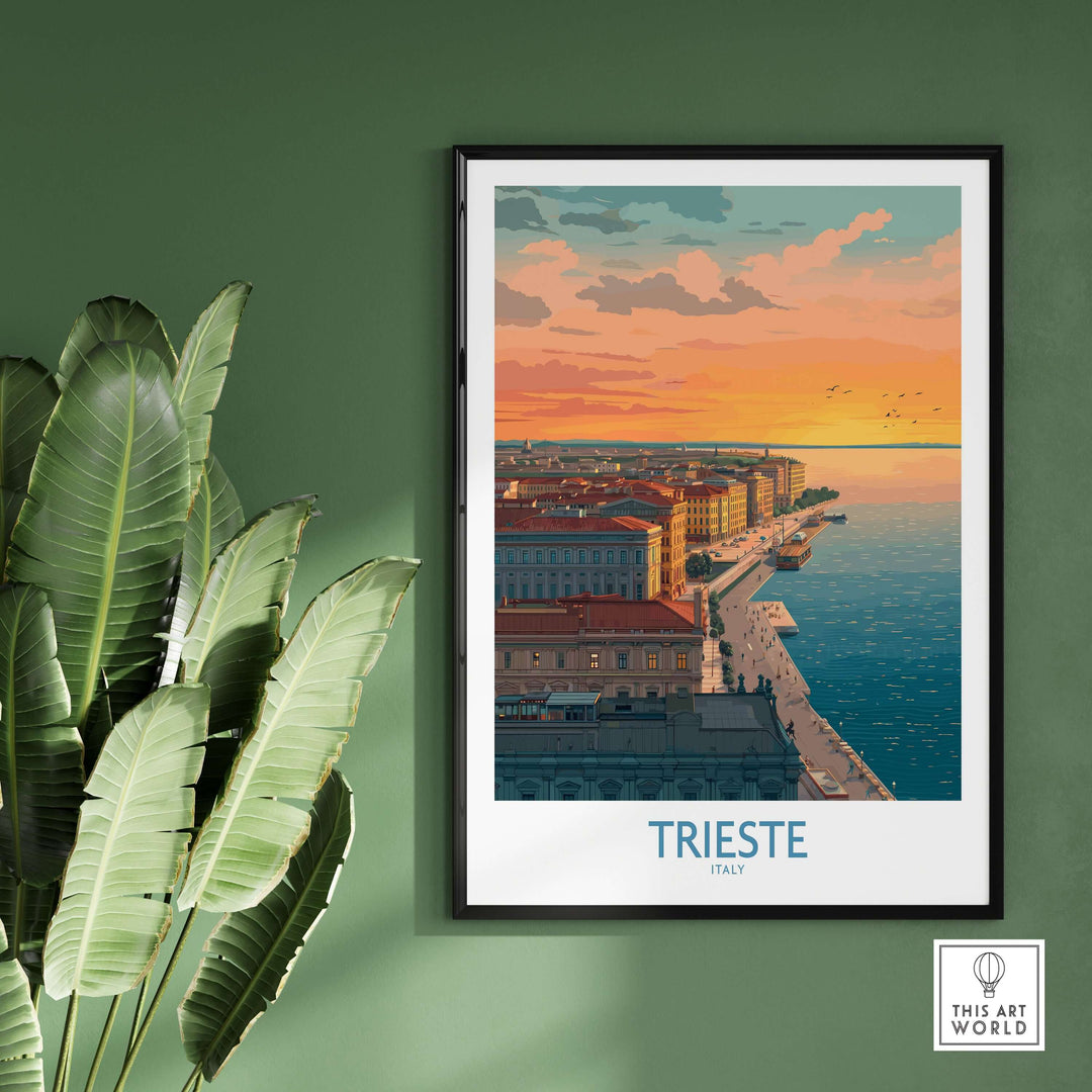 Trieste Italy wall art poster featuring a picturesque sunset over the waterfront, adding a romantic touch to home decor.