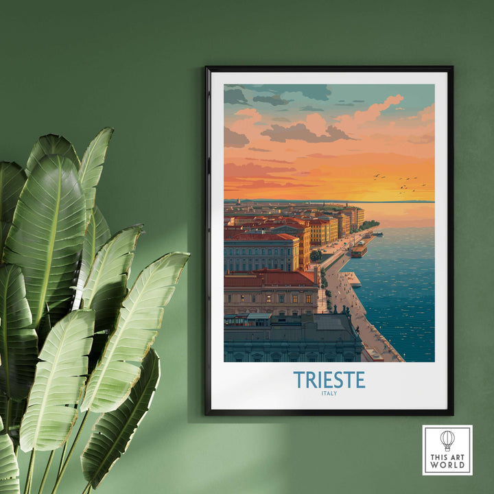 Trieste Italy wall art poster featuring a picturesque sunset over the waterfront, adding a romantic touch to home decor.