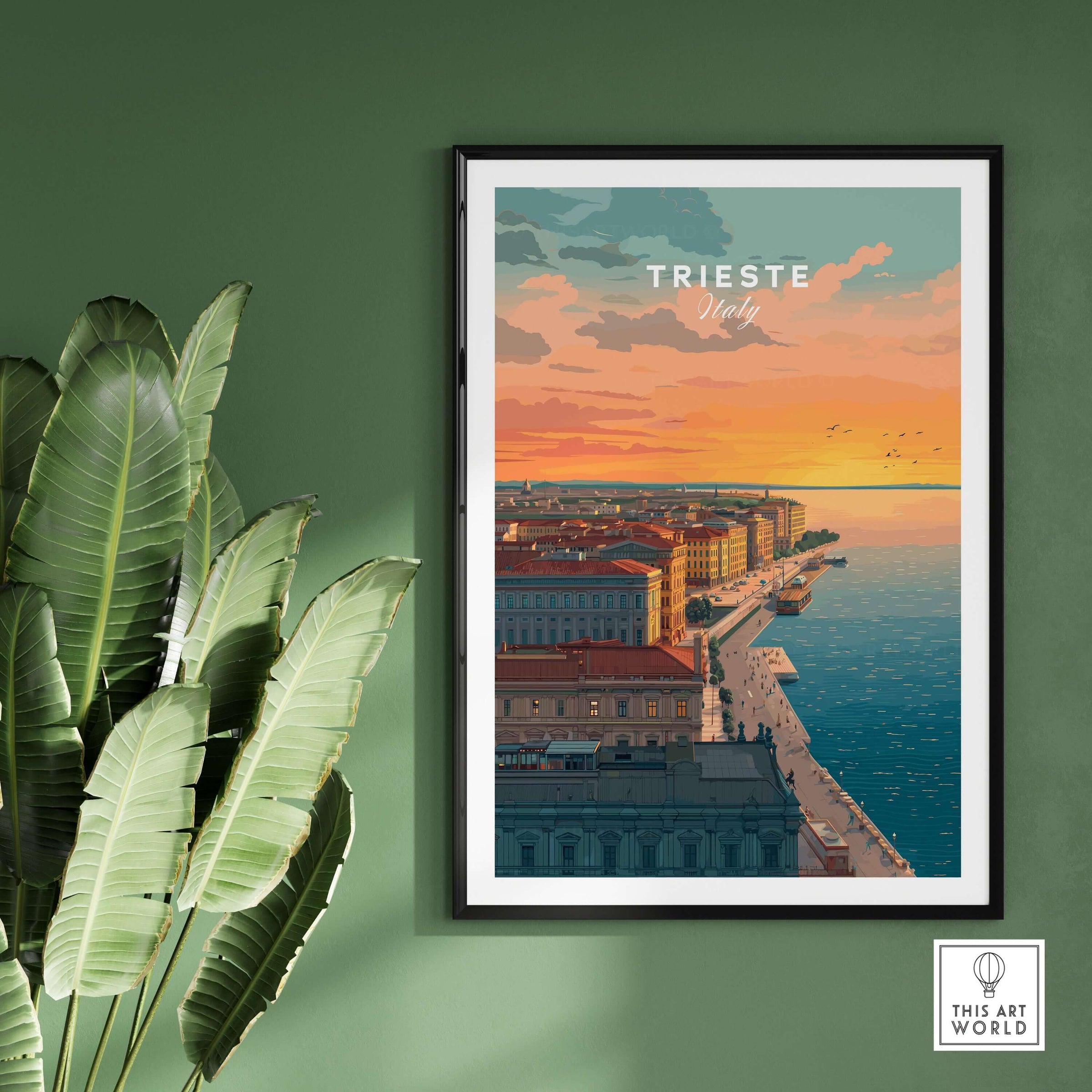 Trieste Italy Coastal Sunset Skyline Poster - Adriatic Seascape Print displayed in a modern room with a green wall.