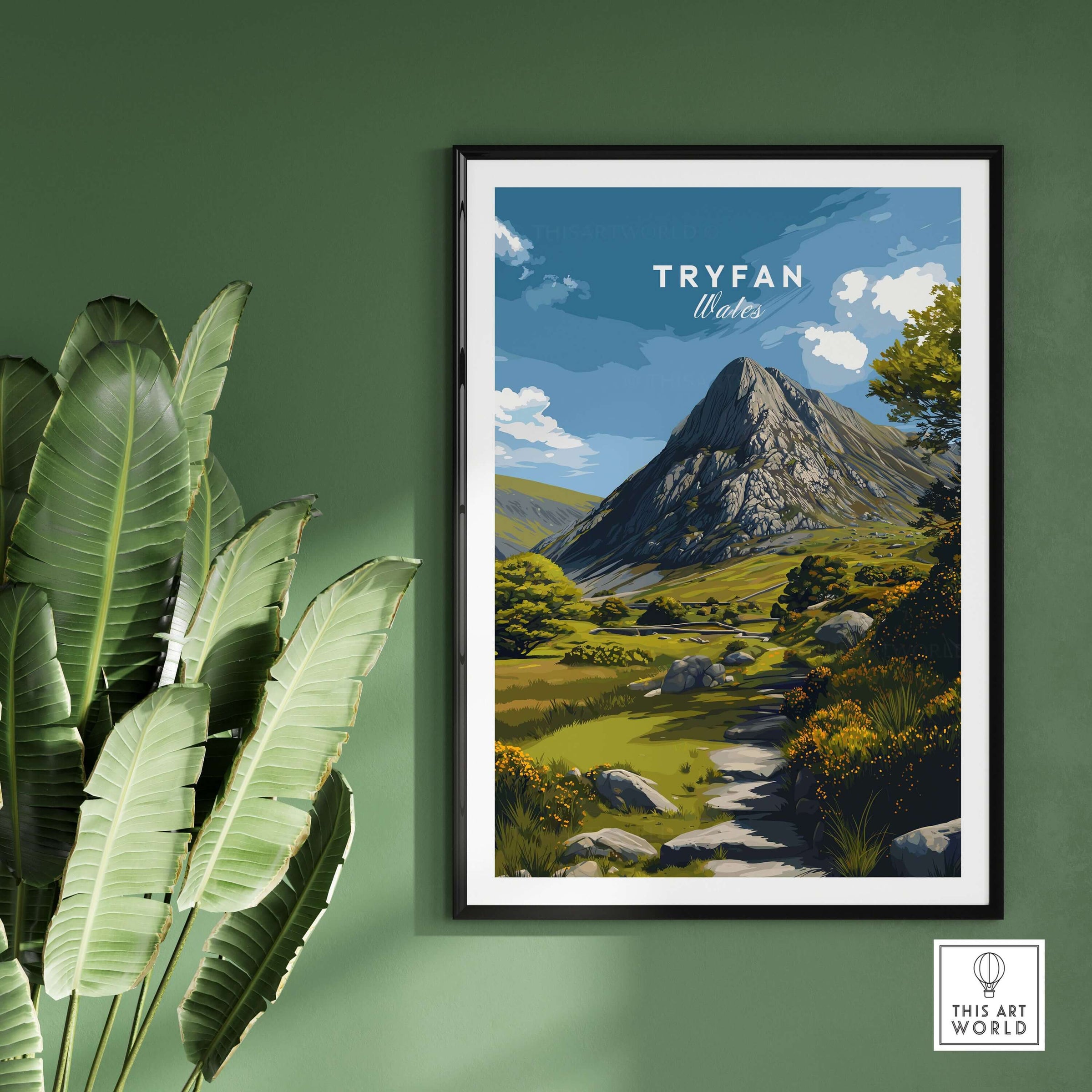 Tryfan Poster Wales Rocky Mountain Art - Scenic Welsh Highlands Print showcasing a stunning mountain landscape.