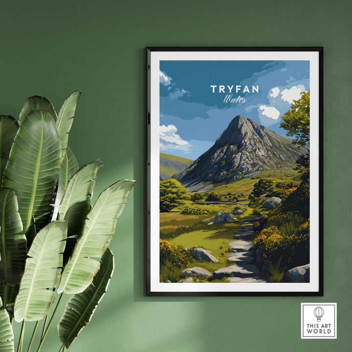 Tryfan poster featuring rugged Welsh mountains and lush landscape, ideal for home decor and nature lovers.