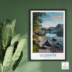 Ullswater Lake District Mountain Vista Poster - UK Hiking Trail Decor framed on a green wall among tropical plants.