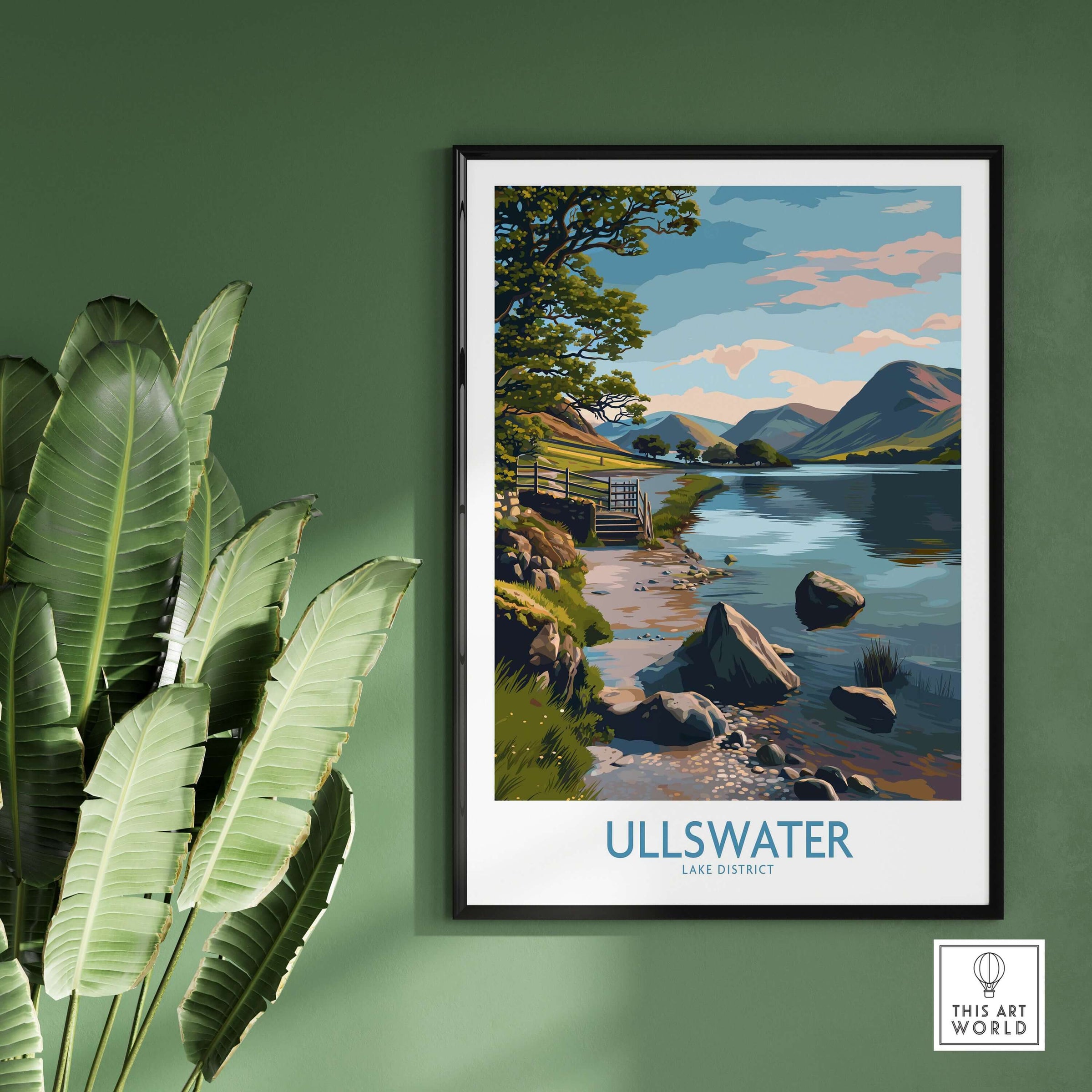 Ullswater Lake District Mountain Vista Poster - UK Hiking Trail Decor framed on a green wall among tropical plants.