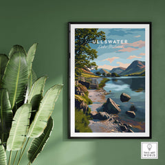 Ullswater Lake District Lakeside Path Print - Stone Wall & Lake Wall Art framed on green wall with plants