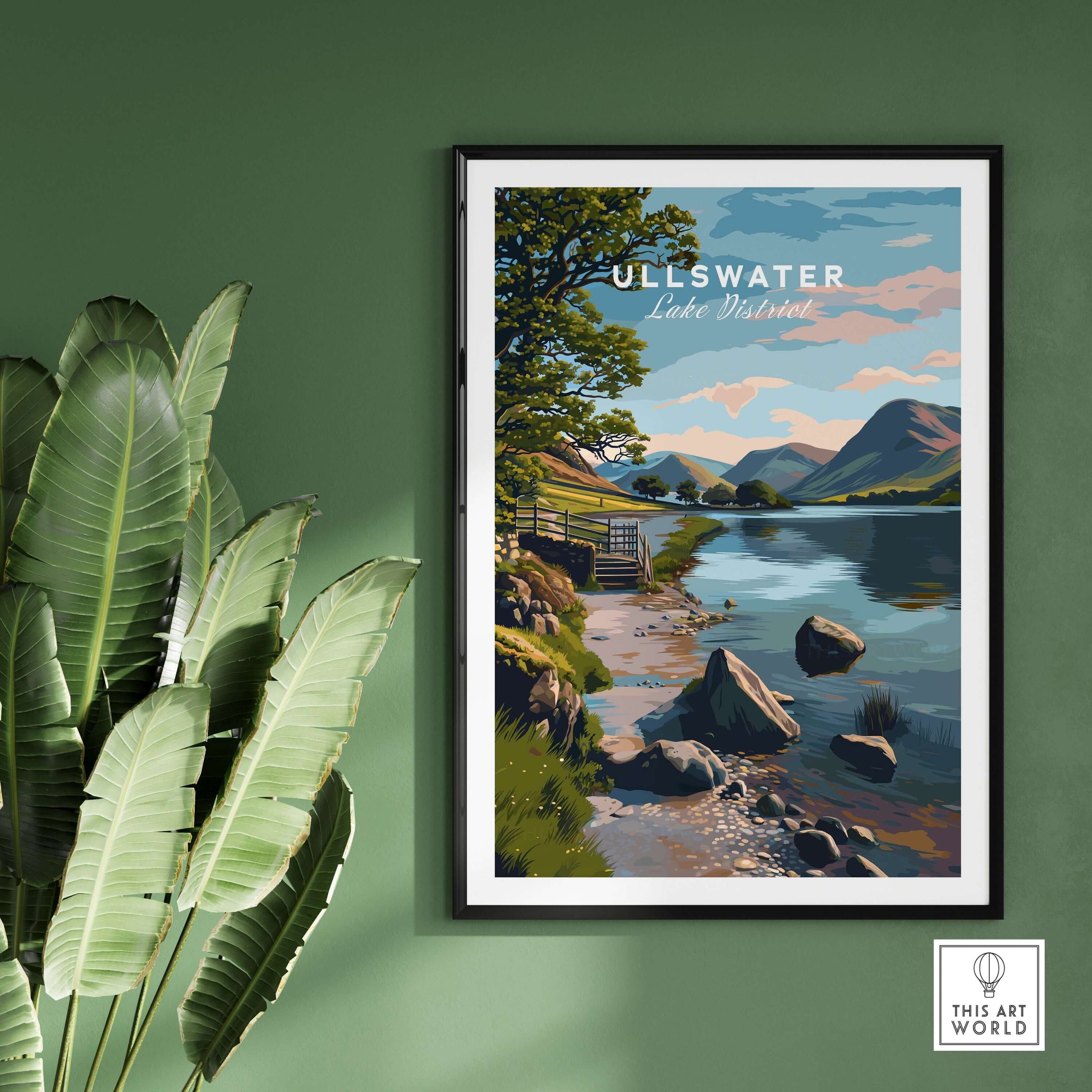 Ullswater Lake District Lakeside Path Print - Stone Wall & Lake Wall Art framed on green wall with plants