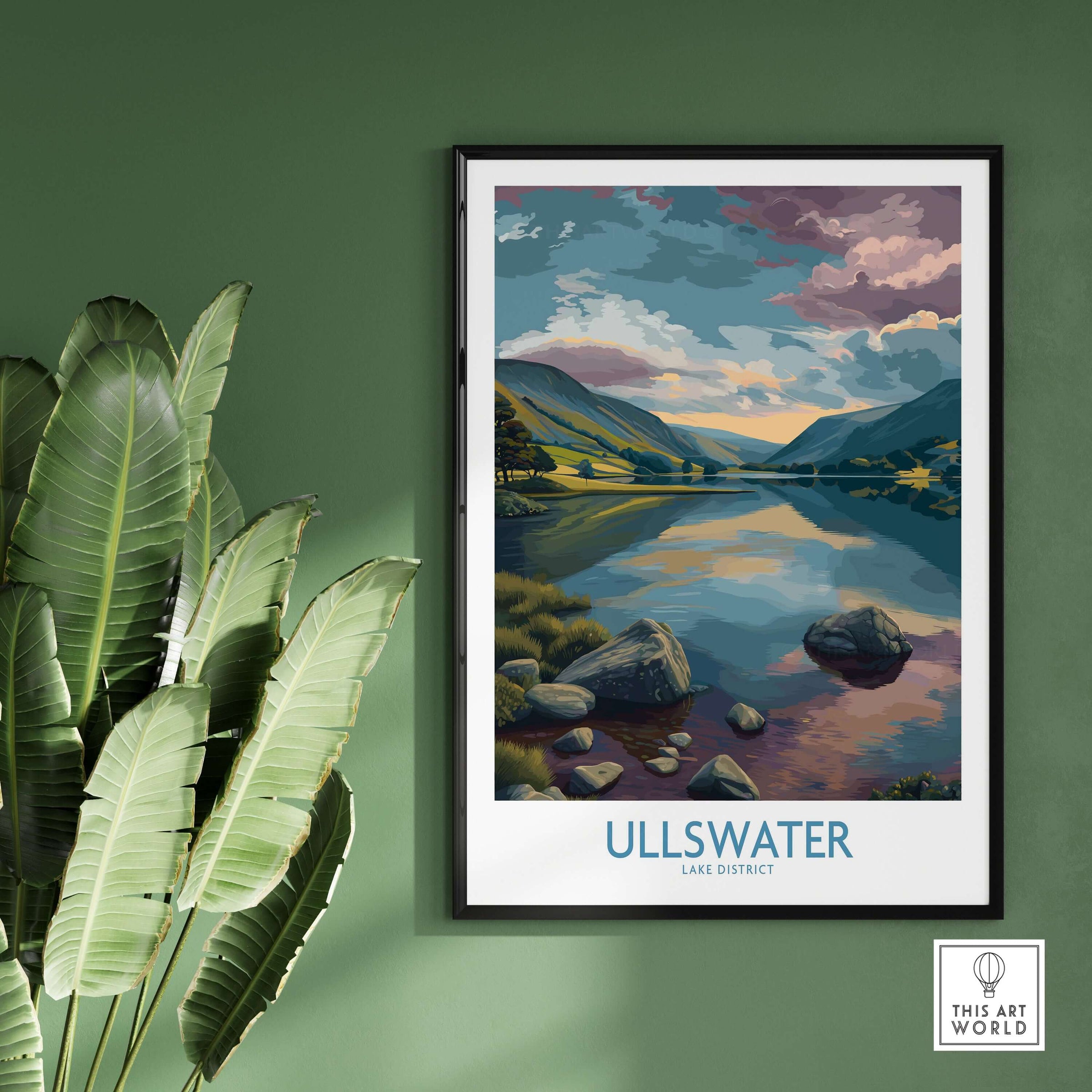 Ullswater Lake District Tranquil Lake View Poster - Scenic UK Landscape Decor displayed on a wall with greenery.