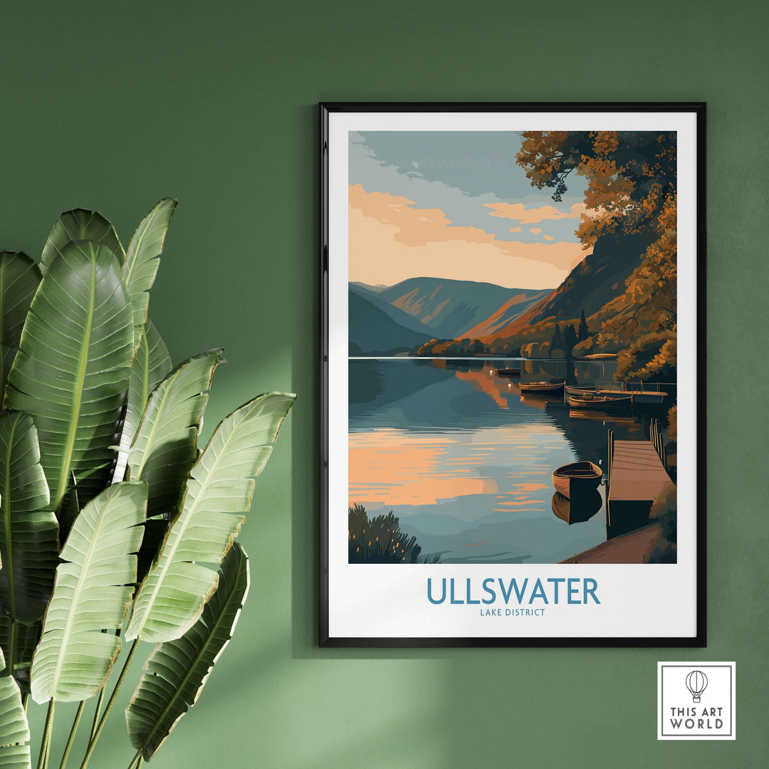 Ullswater Lake District boat moorings wall art showcasing serene sunset reflections on tranquil waters.