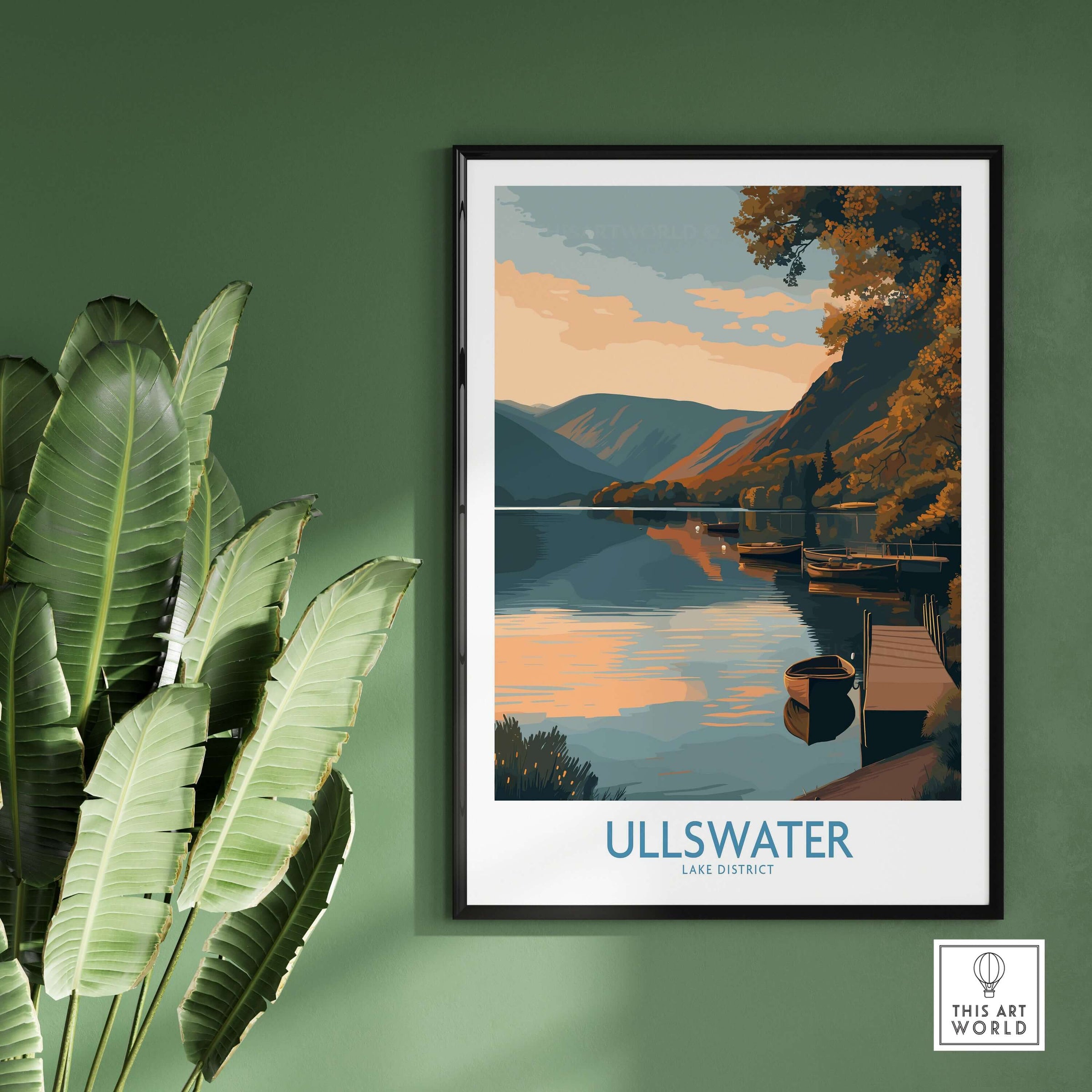 Ullswater Lake District Boat Moorings Wall Art - English Countryside Decor showcasing serene waters and sunset.