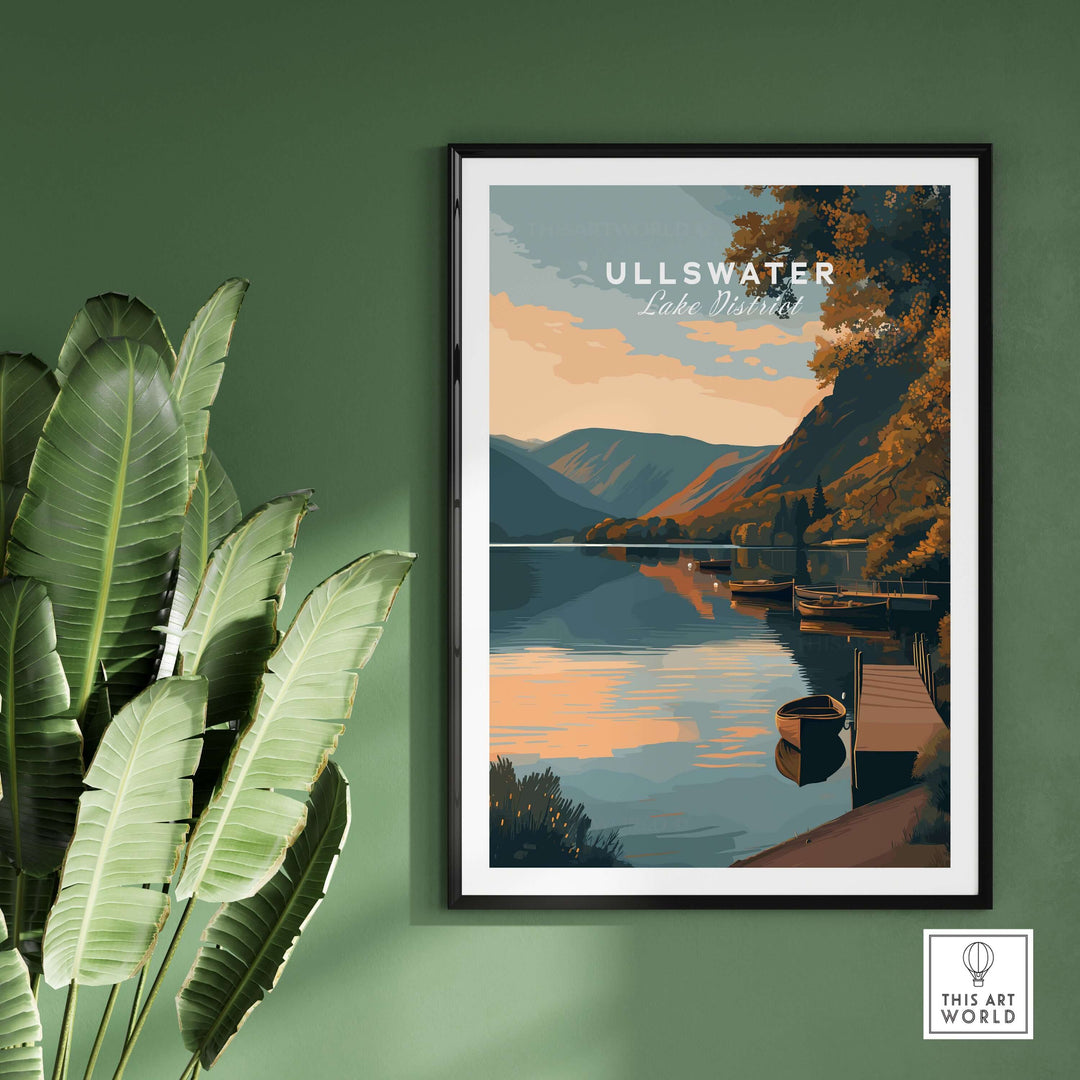 Ullswater Lake District lakeside boats poster with tranquil sunset scene, enhancing any home decor.