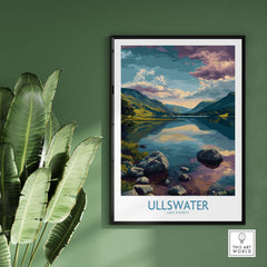 Ullswater Lake District Rocky Shoreline Poster - UK Nature Travel Decor displayed on a wall with green background and plants.