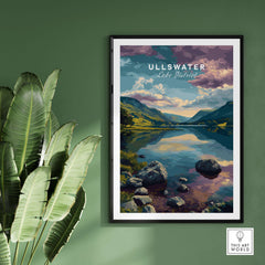 Ullswater Lake District Mountain View Reflection Print - Serene Lake Wall Art framed on a green wall with plants.