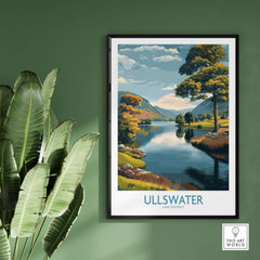 Ullswater Lake District Autumn Trees Landscape Wall Art - UK Lake District Decor framed in a modern room with plants.