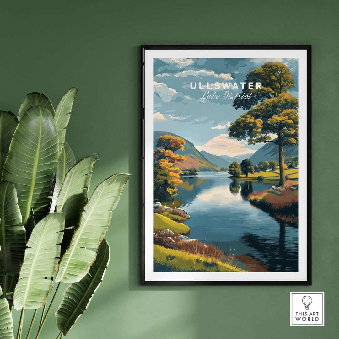 Ullswater Lake District poster featuring green trees beside tranquil waters, enhancing your English countryside decor.