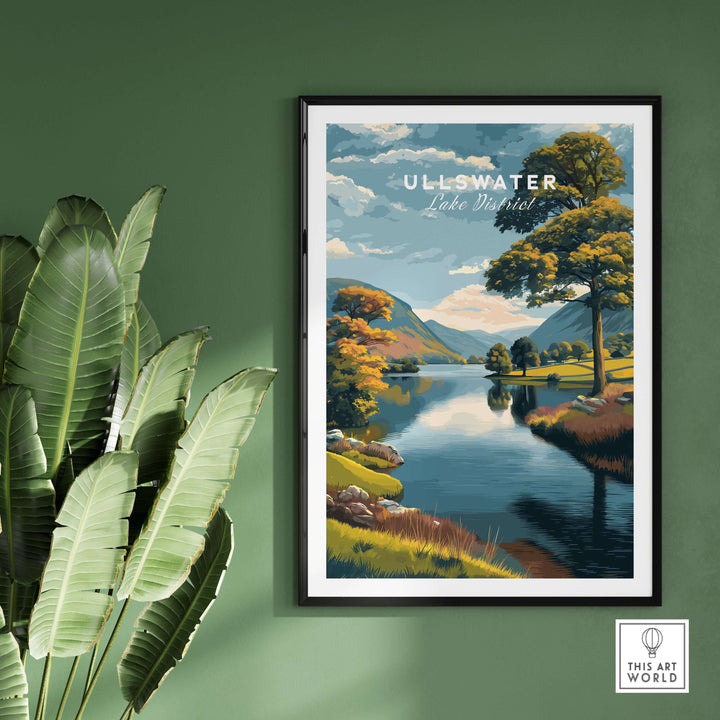 Ullswater Lake District poster featuring green trees beside tranquil waters, enhancing your English countryside decor.