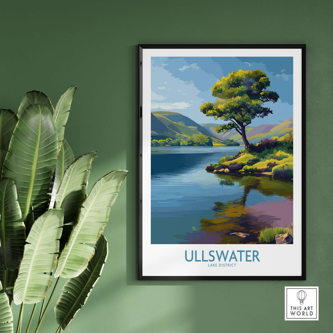 Ullswater Lake District poster featuring green hills and serene water, perfect for travel decor.