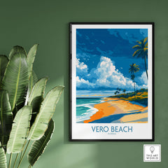 Vero Beach Sunny Coastal Landscape Print - Florida Travel Decor showing vibrant beach scene with palm trees.