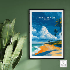 Vero Beach Florida Palm Tree Beach Poster - Tropical Seascape Wall Art displayed on a green wall with palm leaves.