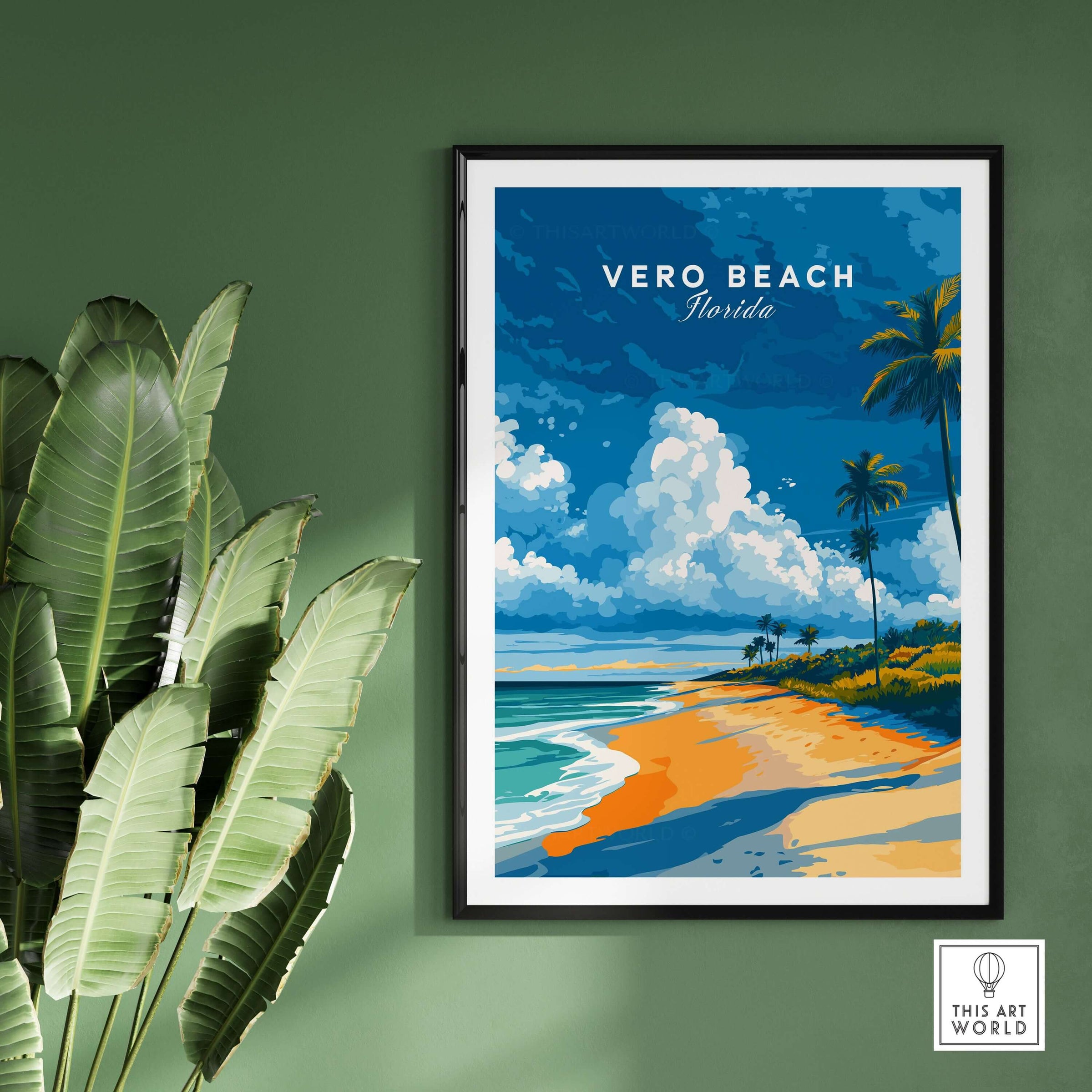 Vero Beach Florida Palm Tree Beach Poster - Tropical Seascape Wall Art displayed on a green wall with palm leaves.