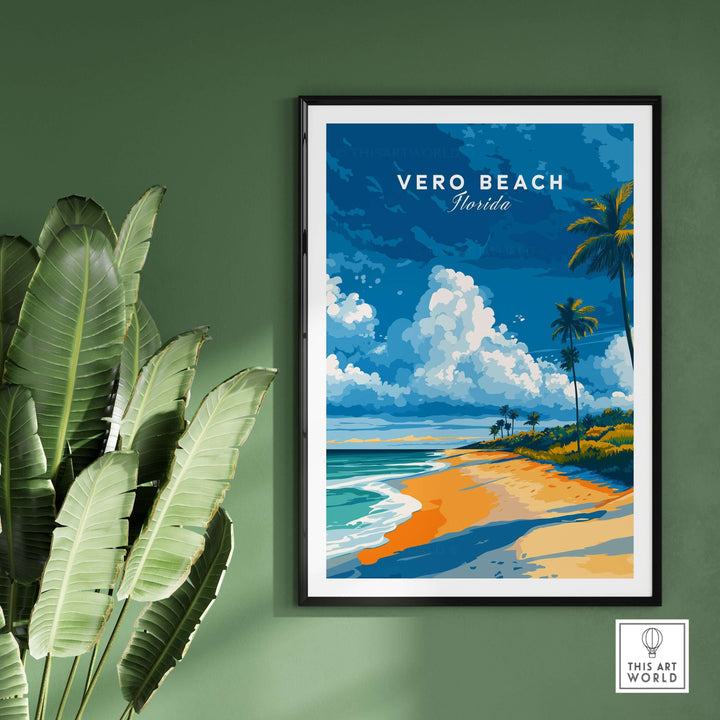Vero Beach Florida palm tree beach poster featuring a colorful tropical seascape and blue skies.