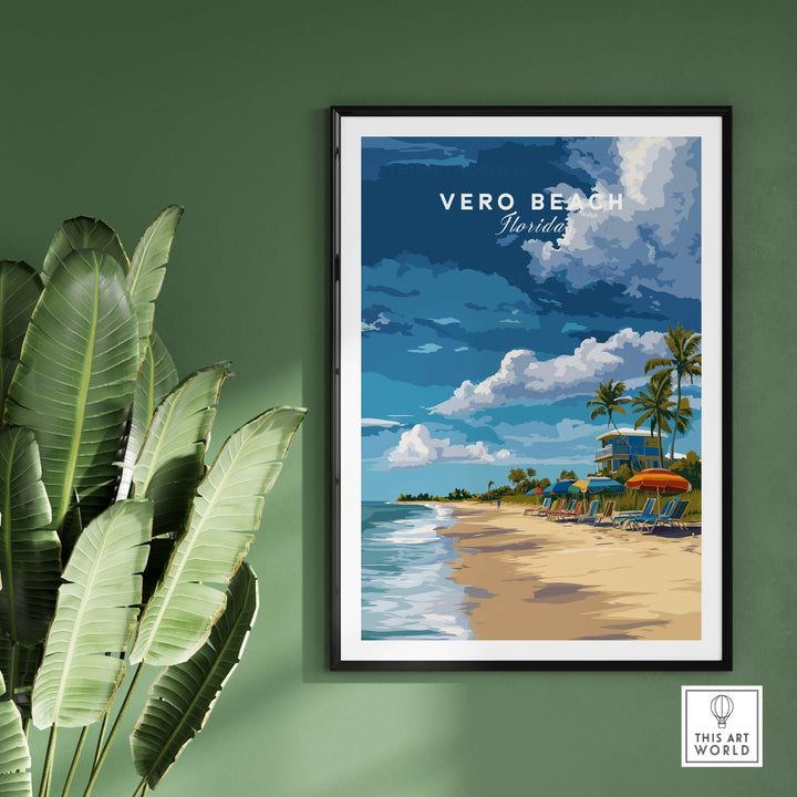 Vero Beach Florida beachfront art print featuring a lifeguard station and colorful beach umbrellas on a sunny day.