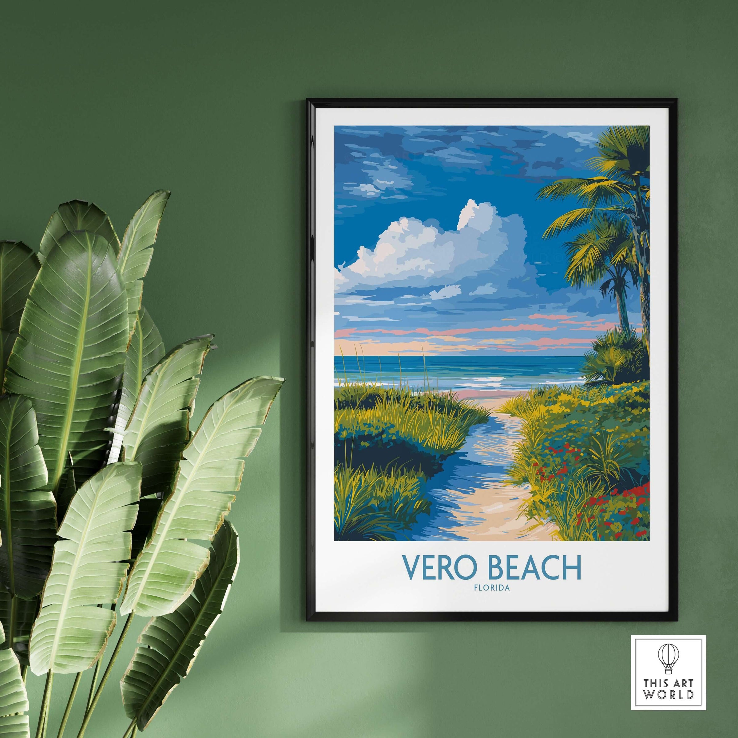 Vero Beach Ocean View Poster - Florida Nature Decor showcasing vibrant coastal scene with palm trees and ocean.