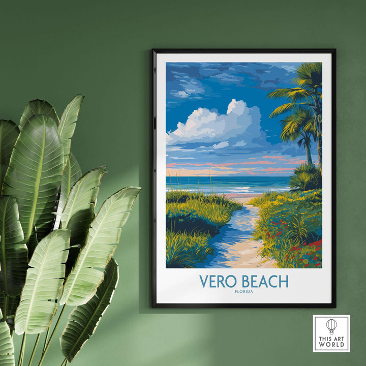 Vero Beach Ocean View poster featuring tropical scenery and vibrant colors on a green wall.