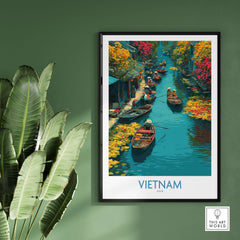 Vietnam Poster - Southeast Asia Travel Print featuring a serene river scene with boats and vibrant flora.