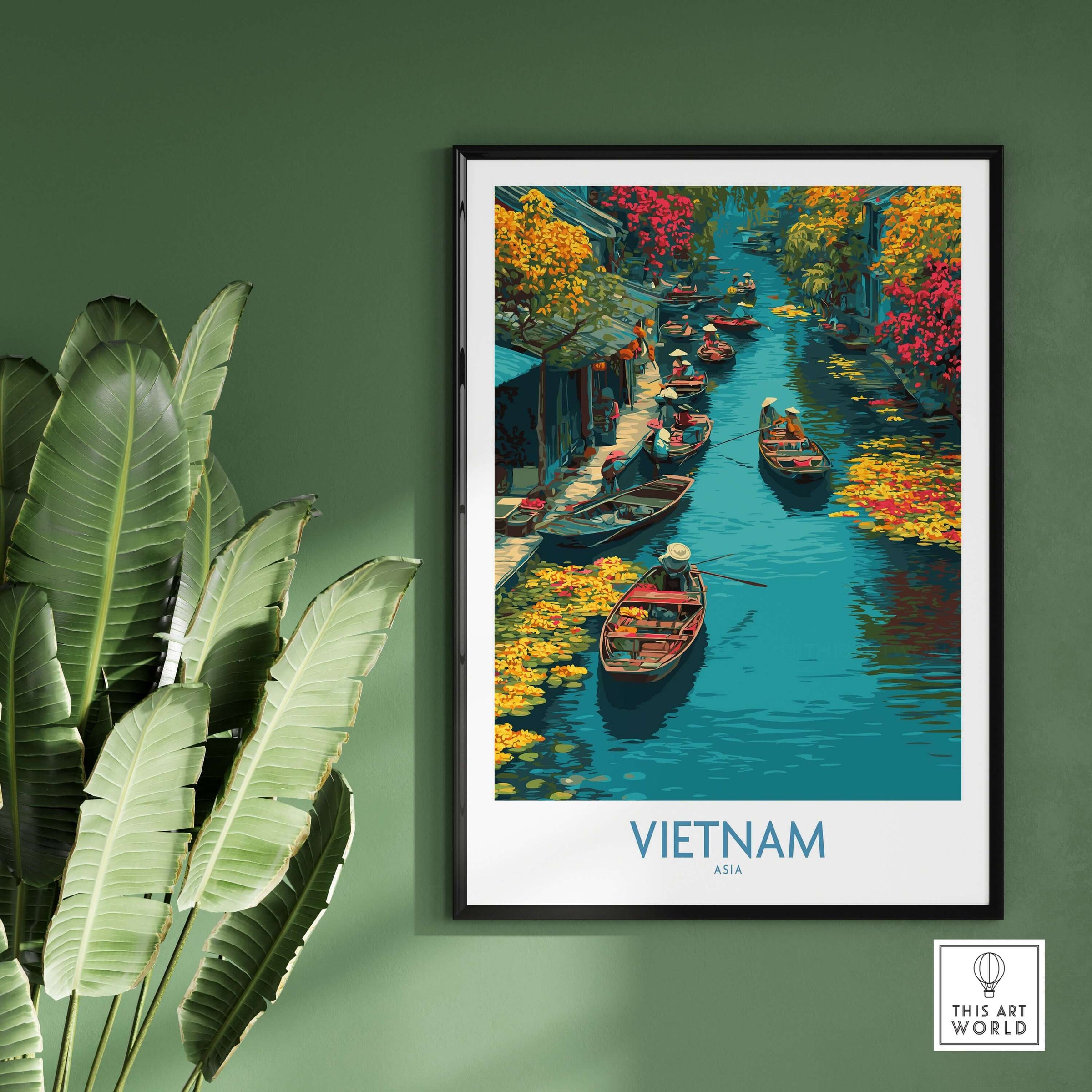 Vietnam Poster - Southeast Asia Travel Print featuring a serene river scene with boats and vibrant flora.