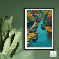 Vietnam Hoi An Canal Boats Print - Traditional River Market Wall Art showcasing colorful boats in a vibrant canal scene.