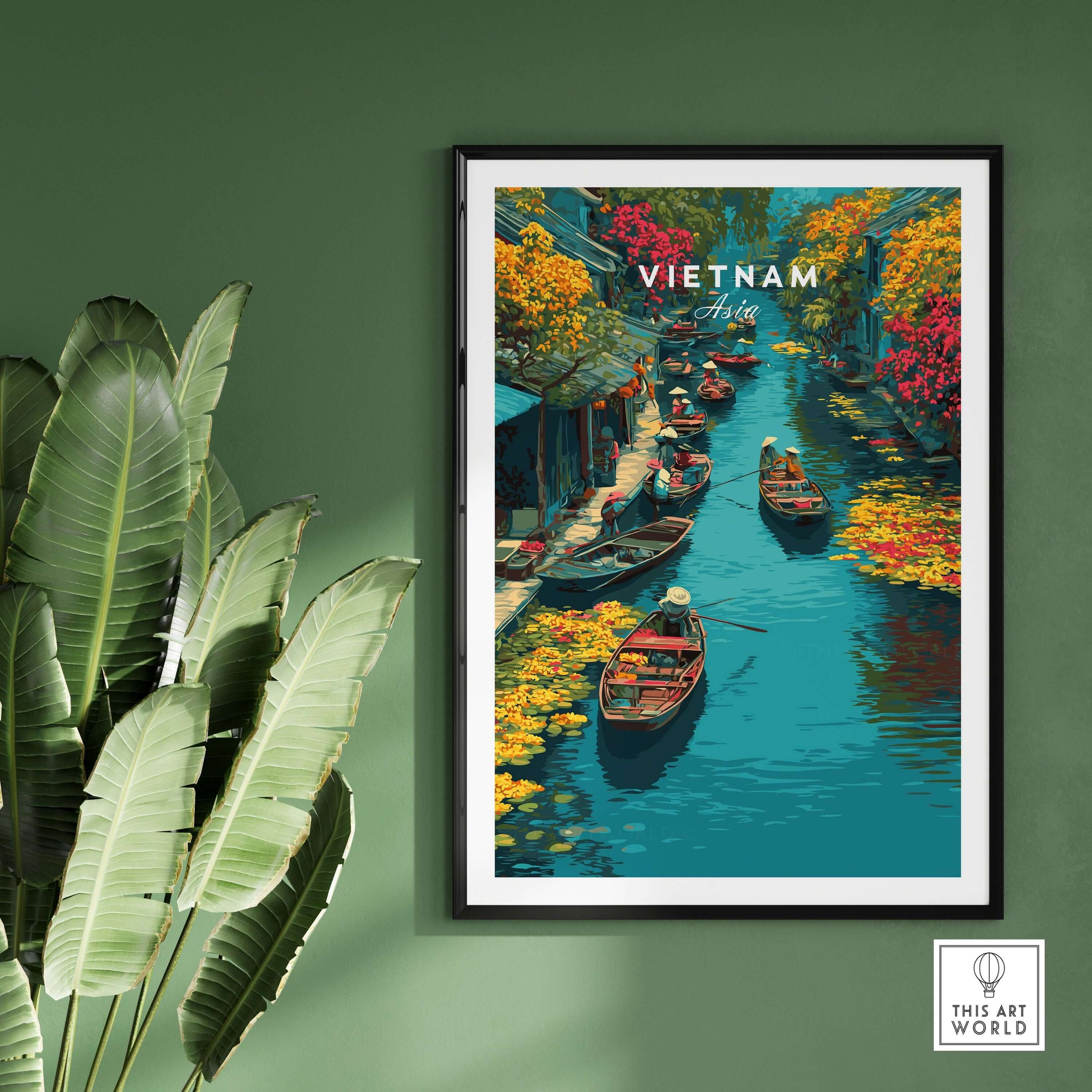 Vietnam Hoi An Canal Boats Print - Traditional River Market Wall Art showcasing colorful boats in a vibrant canal scene.