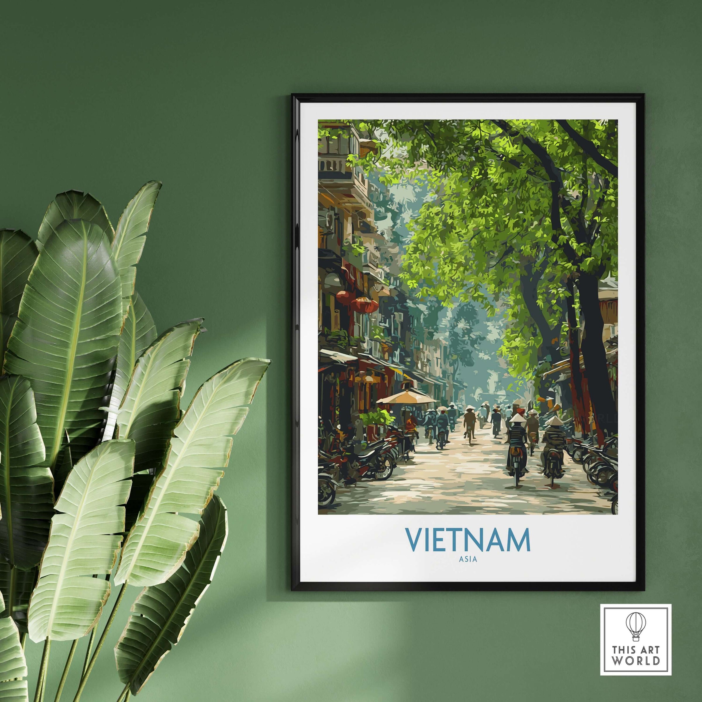 Vietnam Print - Traditional Asian Scene Wall Art showcasing a vibrant street scene in Vietnam, surrounded by greenery.