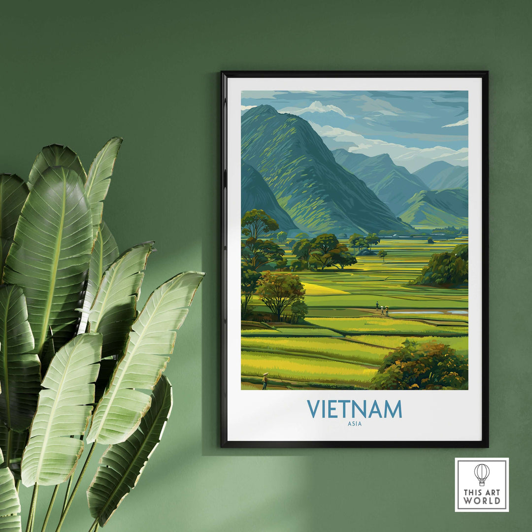 Vietnam Wall Art showcasing lush green rice fields and mountains, adding serene charm to any space.