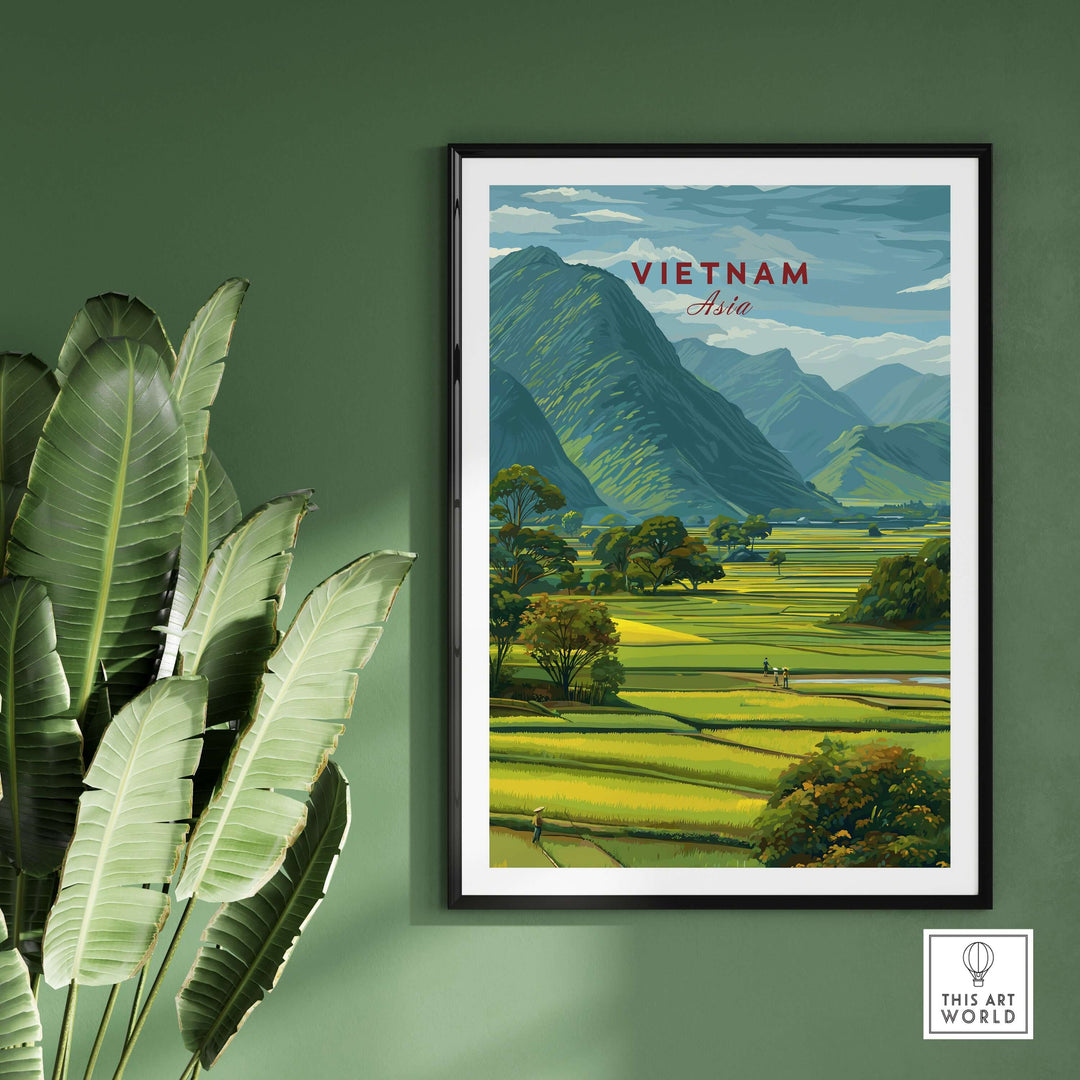 Vietnam rice fields landscape print showcasing vibrant terraced fields and mountain panorama.