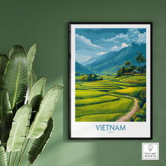 Vietnam Art Print - Southeast Asian Nature Poster displayed on a green wall, showcasing lush rice terraces in Vietnam.