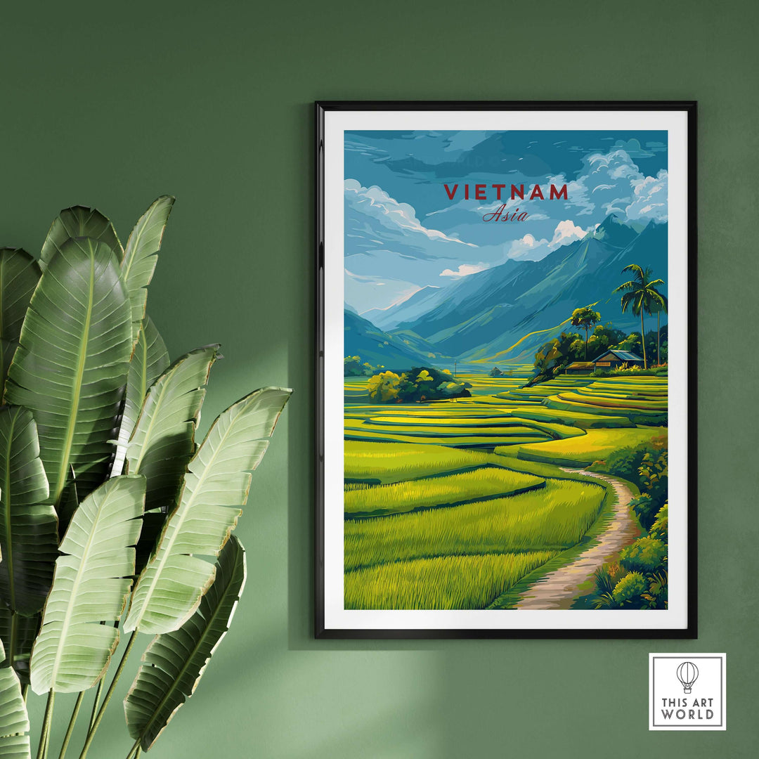 Vietnam travel poster showcasing lush rice terraces and mountains, a vibrant representation of Vietnam's stunning landscapes.