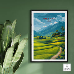 Vietnam Travel Poster featuring stunning rice terraces and mountains, perfect for inspiring wanderlust.