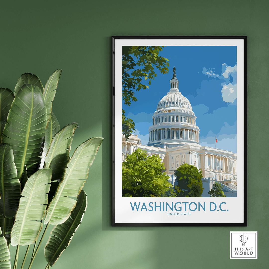 Washington D.C. Capitol Hill poster featuring the iconic Capitol building and lush greenery.