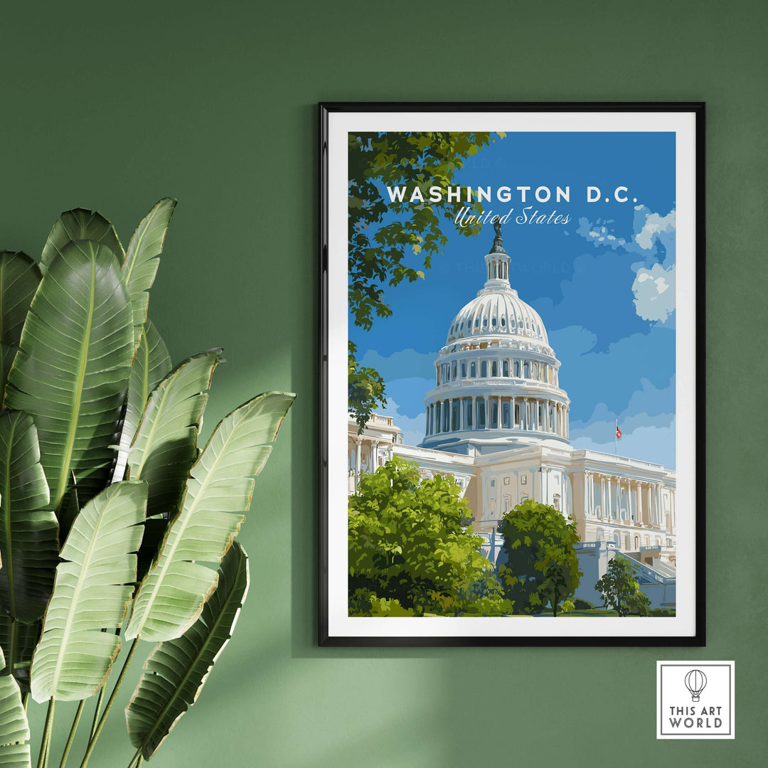 Washington D.C. Capitol Building print artwork, showcasing American landmark and architecture, framed on green wall.
