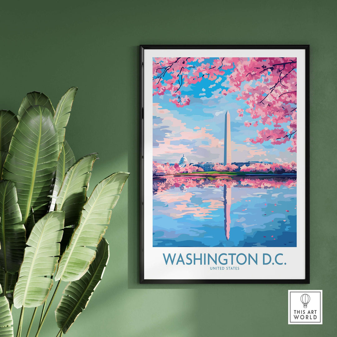 Colorful Washington D.C. wall art print featuring cherry blossoms and the Washington Monument reflected in water.