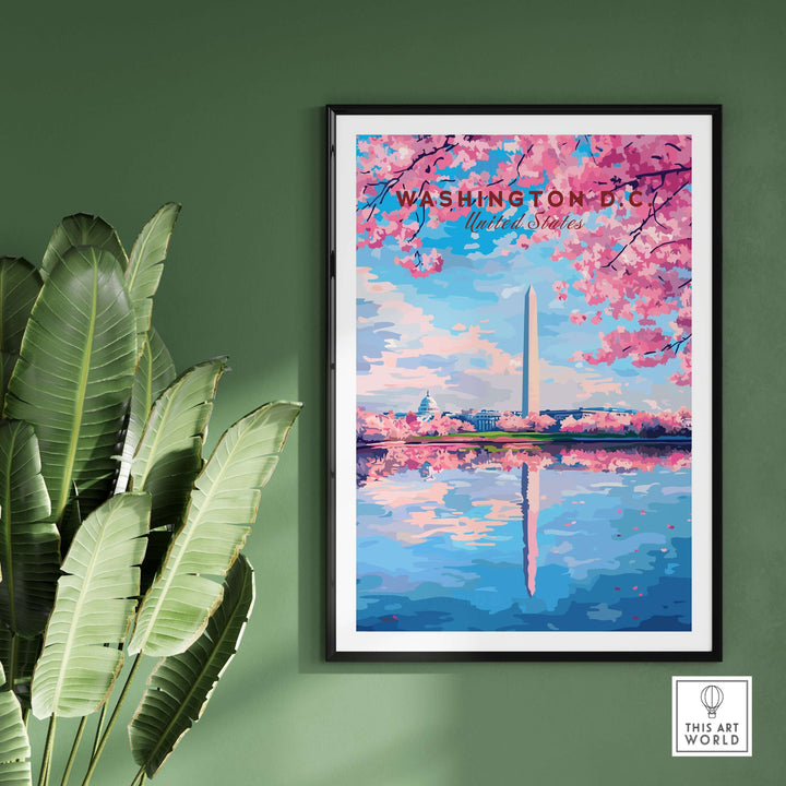 Washington D.C. Cherry Blossom poster featuring Jefferson Memorial and reflecting water, perfect for spring decor.