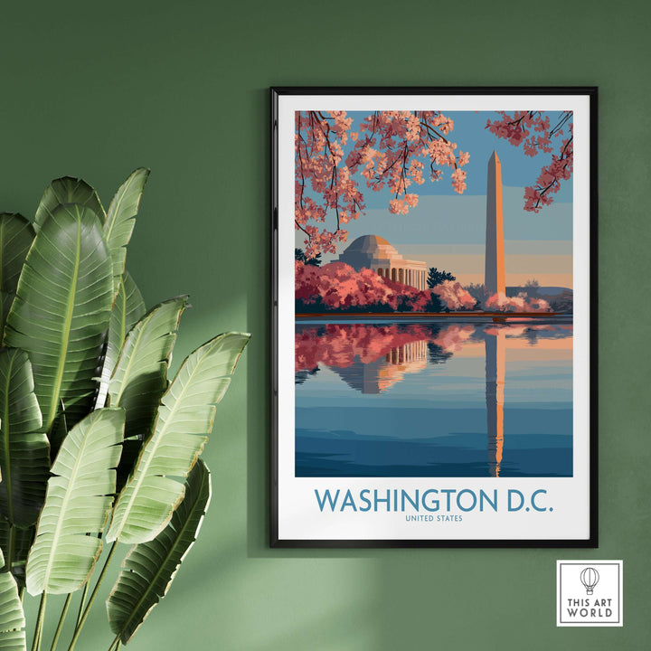 Washington D.C. Cherry Blossom poster featuring iconic landmarks and pink flowers reflecting in water.