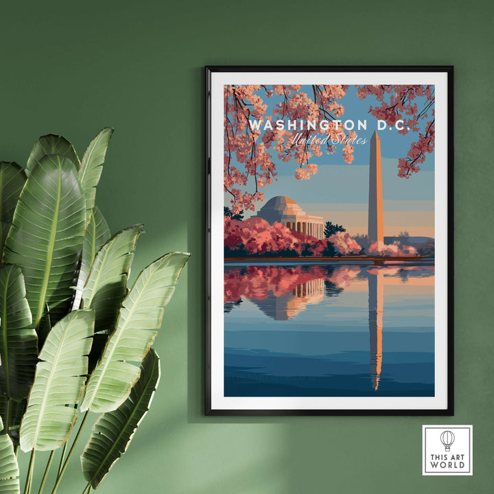Washington D.C. poster featuring Jefferson Memorial and Washington Monument with cherry blossoms in a chic interior setting.