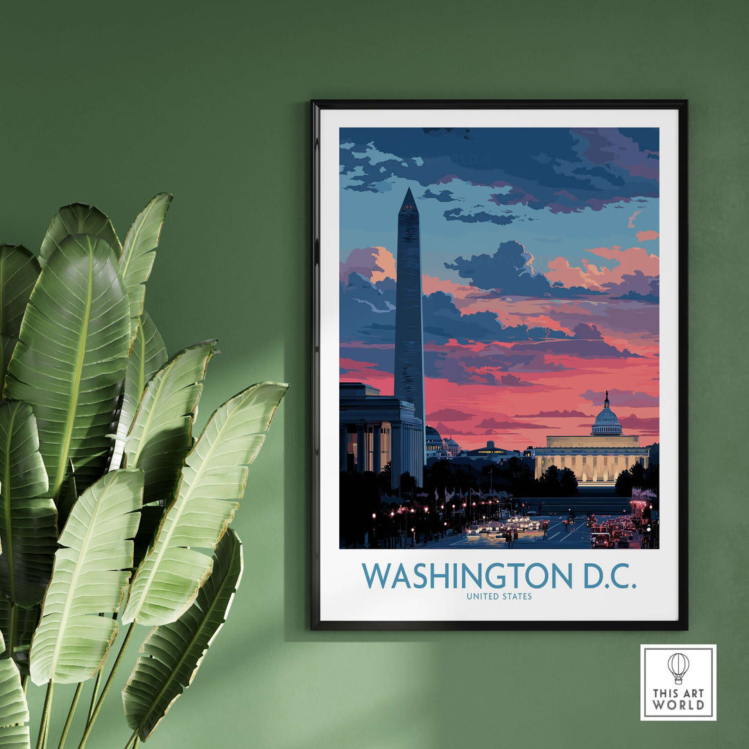 Vibrant Washington D.C. wall art featuring sunset skyline with iconic monuments framed on green wall.