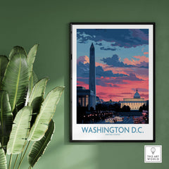 Washington D.C. Wall Art - Vibrant Urban Sunset Print framed on a green wall with a leafy plant.